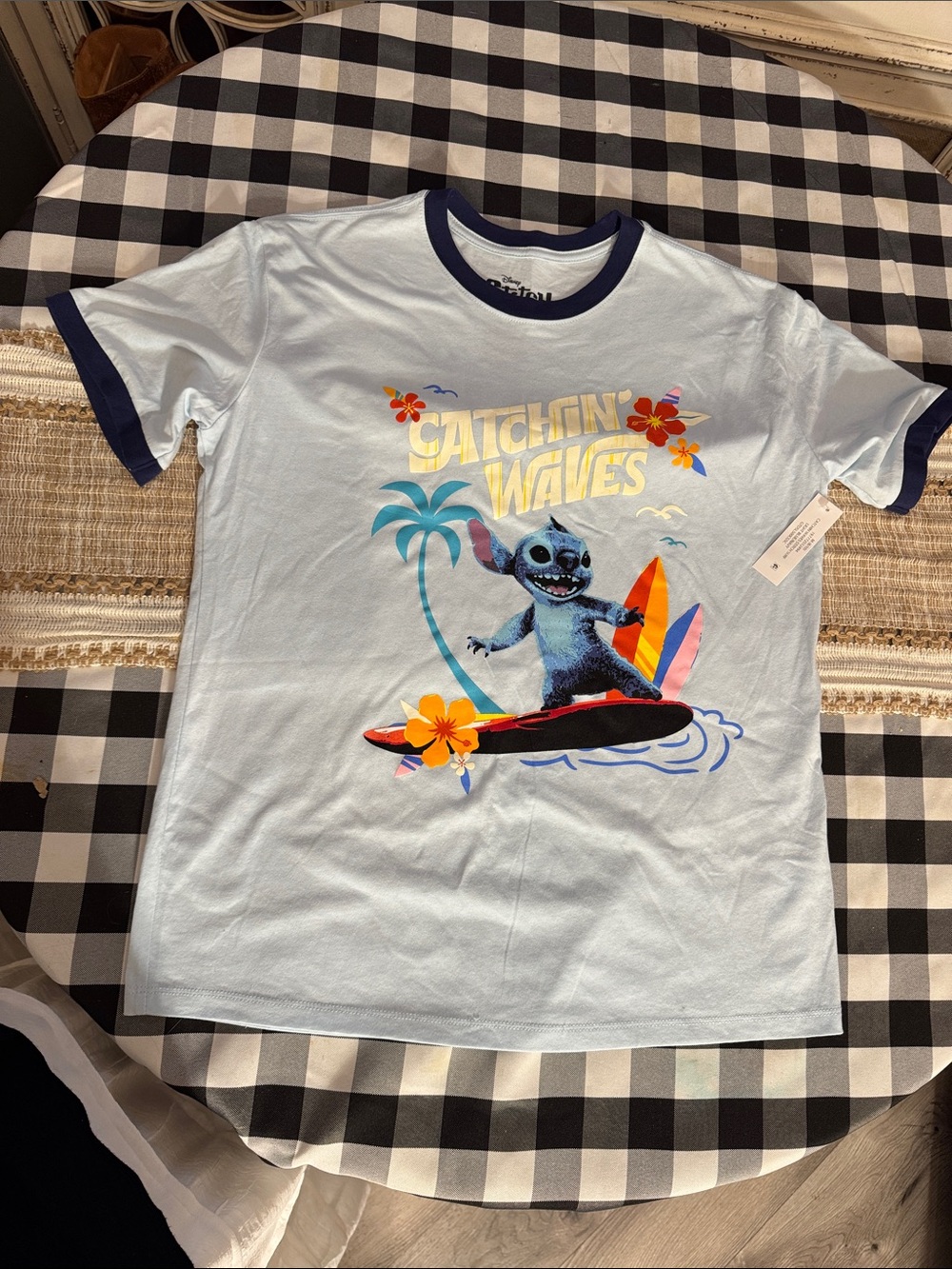 Disney Light Blue Ringer Tee with Navy Trim and Surfing Stitch Graphic